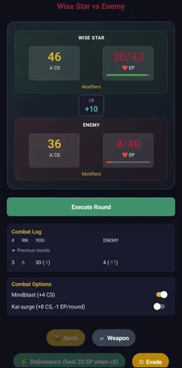 Combat screen with health bars, combat ratio, and combat options