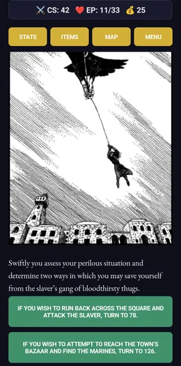 Story section with an ink illustration and two choices