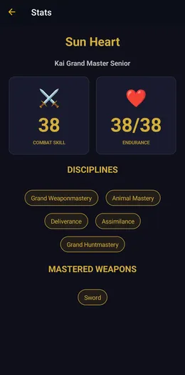 Character stats with disciplines and mastered weapons