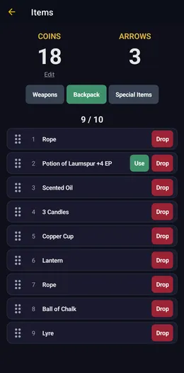 Backpack inventory with coins, arrows, and items