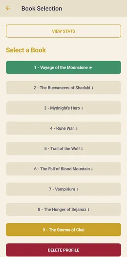 Book selection in the light theme, listing all nine books